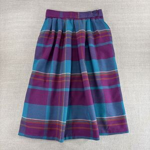 Vintage Pleated Plaid Wool Midi Skirt Purple Teal Pink Lined Fall Winter Skirt